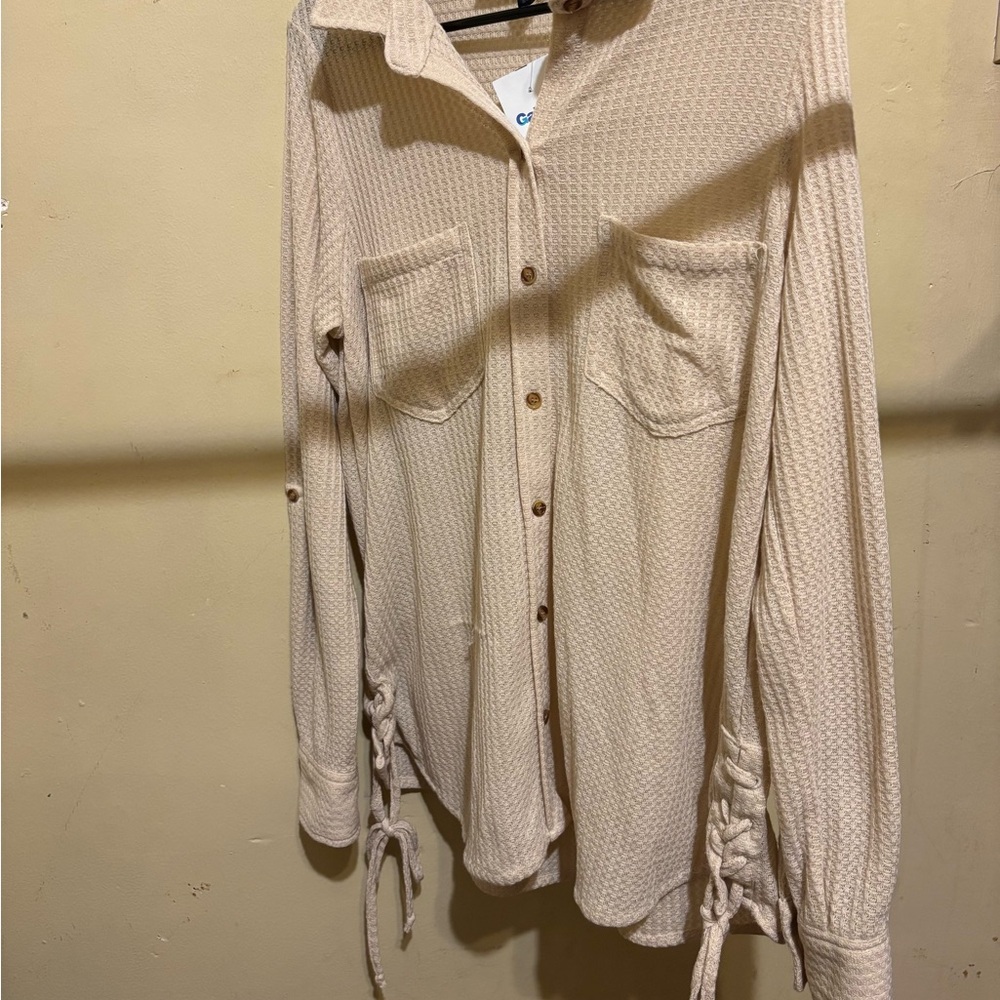 Cream Button-Up Shirt with Tie Details